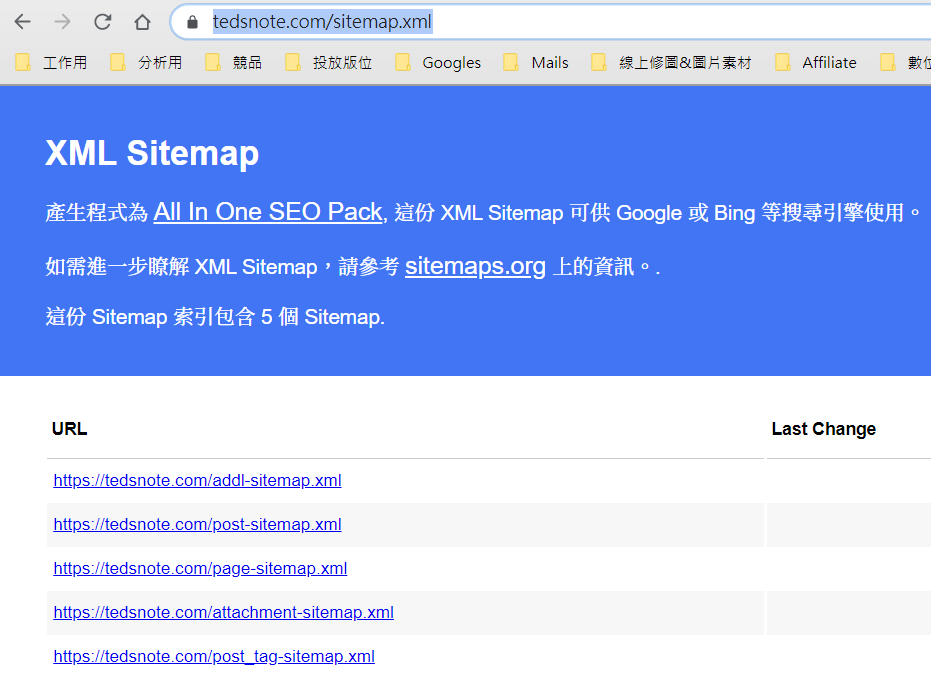 XML Sitemap頁面